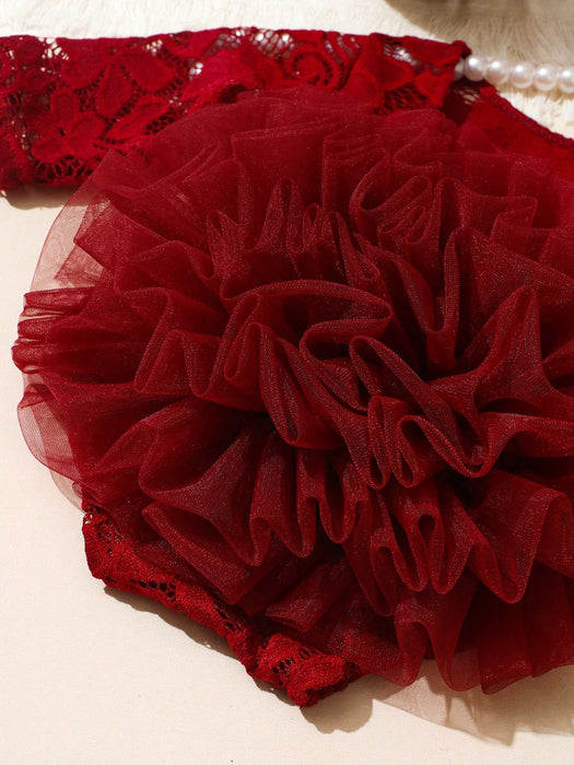 Shein Conjunto de 2 piezas Pelele de encaje rojo para fotografía de recién nacida con lazo y diadema de perlas - Quierox - Tienda Online
