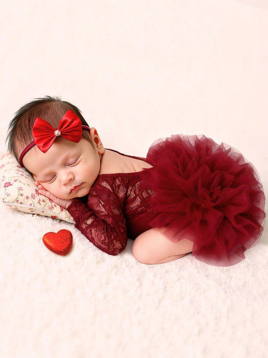 Shein Conjunto de 2 piezas Pelele de encaje rojo para fotografía de recién nacida con lazo y diadema de perlas - Quierox - Tienda Online