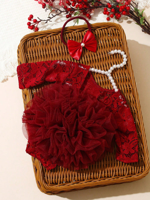 Shein Conjunto de 2 piezas Pelele de encaje rojo para fotografía de recién nacida con lazo y diadema de perlas - Quierox - Tienda Online