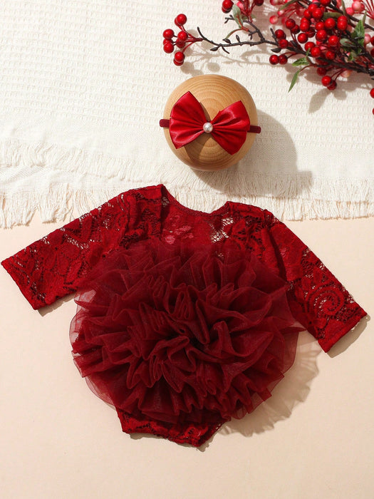 Shein Conjunto de 2 piezas Pelele de encaje rojo para fotografía de recién nacida con lazo y diadema de perlas - Quierox - Tienda Online