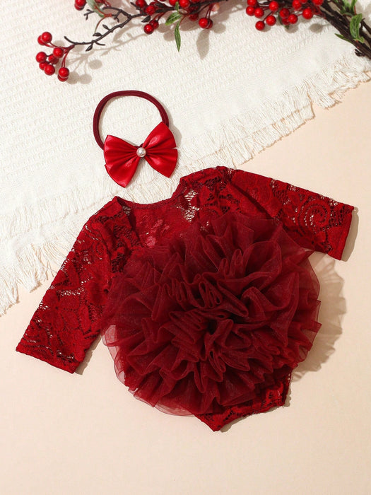 Shein Conjunto de 2 piezas Pelele de encaje rojo para fotografía de recién nacida con lazo y diadema de perlas - Quierox - Tienda Online