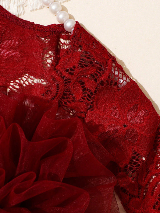 Shein Conjunto de 2 piezas Pelele de encaje rojo para fotografía de recién nacida con lazo y diadema de perlas - Quierox - Tienda Online