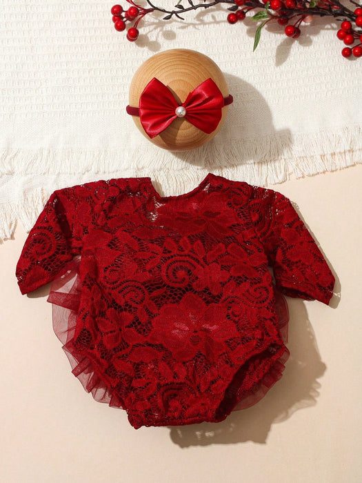 Shein Conjunto de 2 piezas Pelele de encaje rojo para fotografía de recién nacida con lazo y diadema de perlas - Quierox - Tienda Online