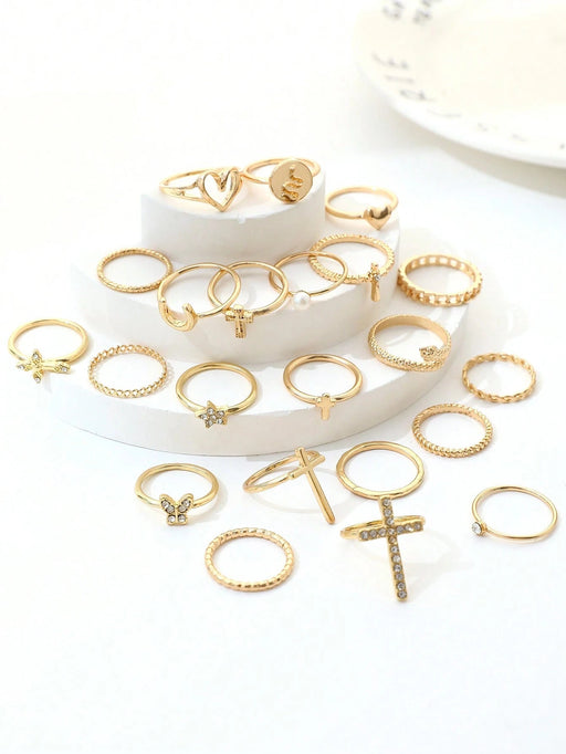 Shein Conjunto de 22 anillos de moda con incrustaciones de diamantes de imitación, estilo Y2K Punk, con cruz, mariposa y corazón - Quierox - Tienda Online