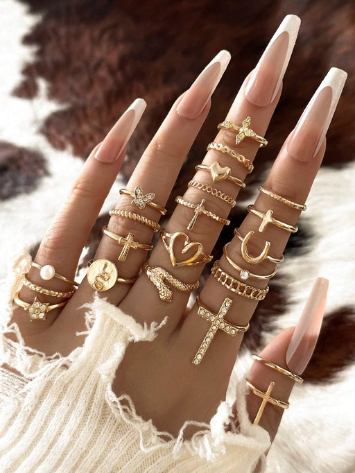 Shein Conjunto de 22 anillos de moda con incrustaciones de diamantes de imitación, estilo Y2K Punk, con cruz, mariposa y corazón - Quierox - Tienda Online