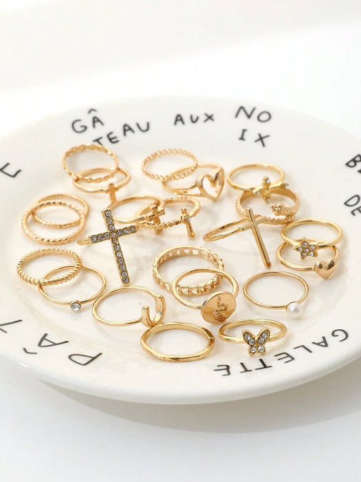 Shein Conjunto de 22 anillos de moda con incrustaciones de diamantes de imitación, estilo Y2K Punk, con cruz, mariposa y corazón - Quierox - Tienda Online