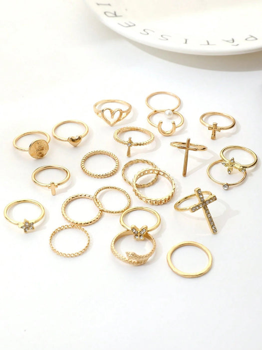 Shein Conjunto de 22 anillos de moda con incrustaciones de diamantes de imitación, estilo Y2K Punk, con cruz, mariposa y corazón - Quierox - Tienda Online