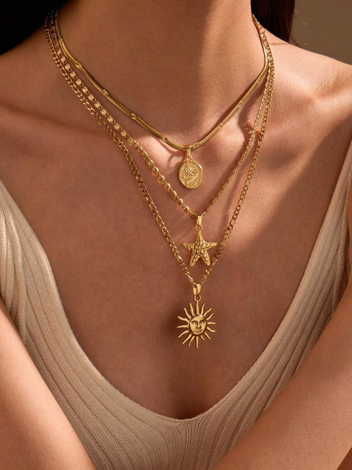 Shein Conjunto de 3 collares con colgantes de acero inoxidable color amarillo dorado, elegantes y sencillos - Quierox - Tienda Online