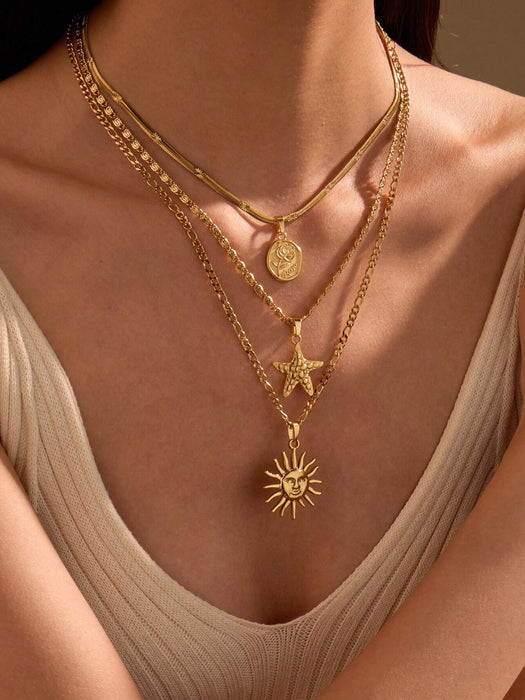 Shein Conjunto de 3 collares con colgantes de acero inoxidable color amarillo dorado, elegantes y sencillos - Quierox - Tienda Online