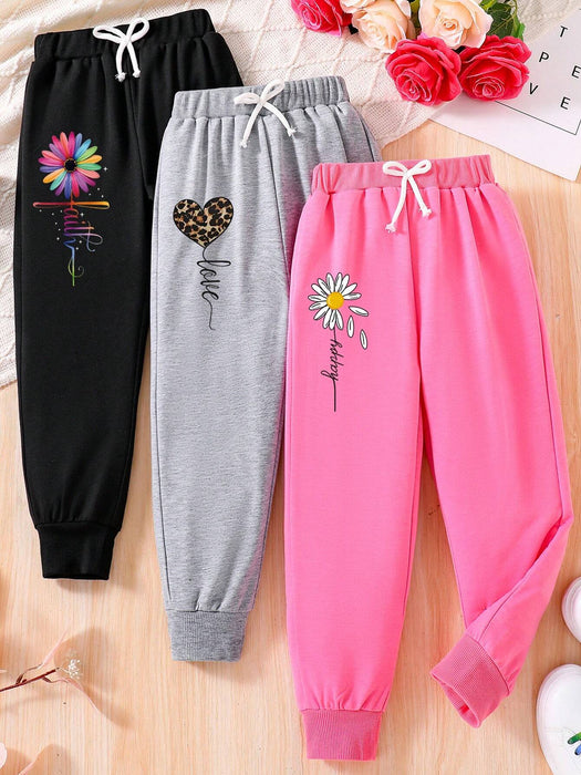 SHEIN Conjunto de 3 leggings deportivos para niñas con estampado floral, de corazones y letras - Quierox - Tienda Online