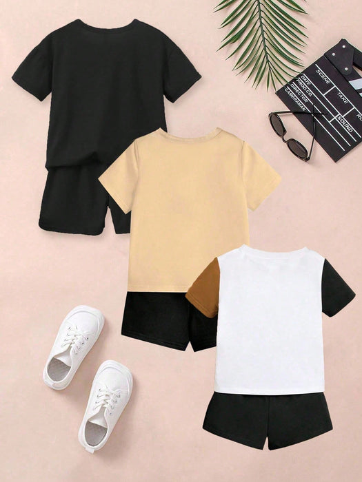 SHEIN Conjunto de 3pcs camiseta básica y pantalón corto con estampado para niños - Quierox - Tienda Online