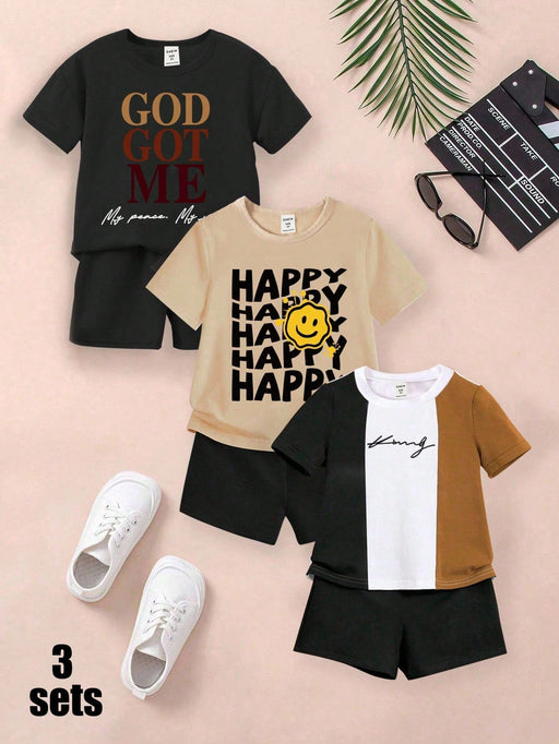 SHEIN Conjunto de 3pcs camiseta básica y pantalón corto con estampado para niños - Quierox - Tienda Online