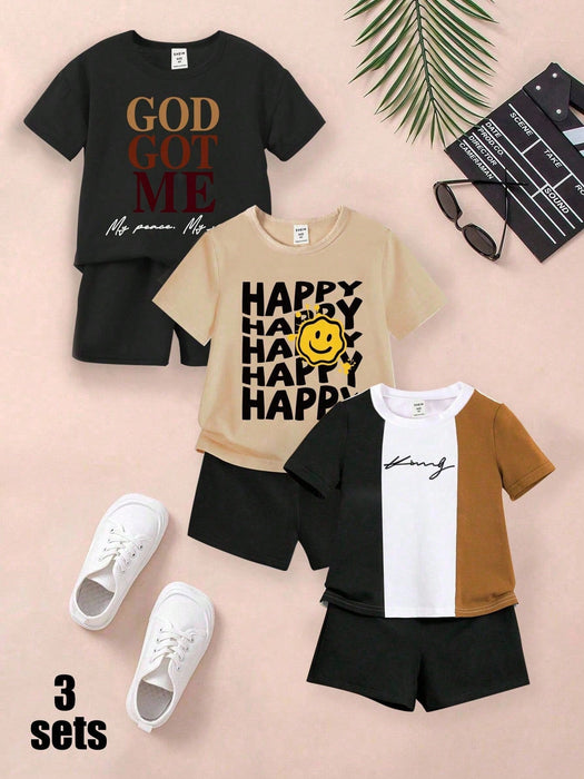 SHEIN Conjunto de 3pcs camiseta básica y pantalón corto con estampado para niños - Quierox - Tienda Online