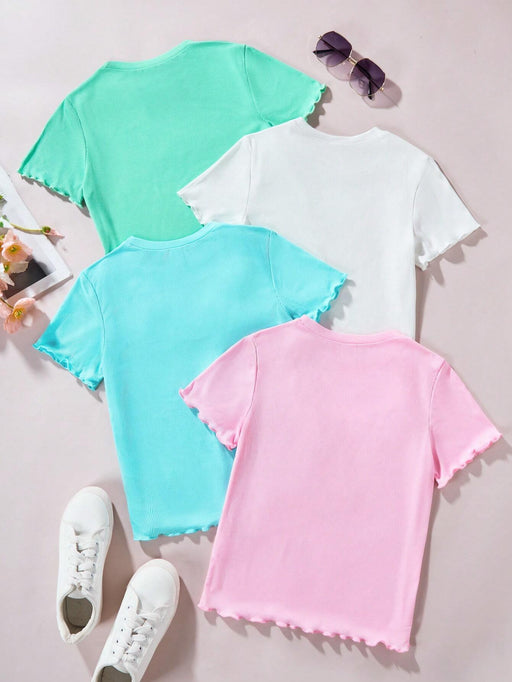 SHEIN Conjunto de 4 piezas de verano para niña con camiseta de manga corta de cuello redondo y ribete de volantes en unicolor - Quierox - Tienda Online