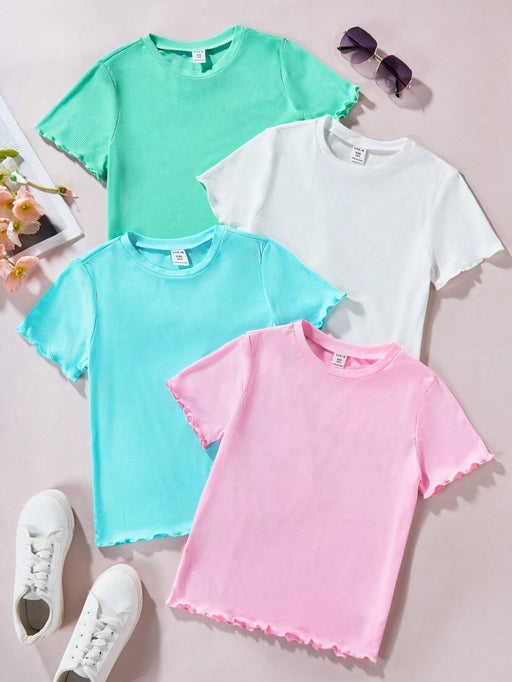 SHEIN Conjunto de 4 piezas de verano para niña con camiseta de manga corta de cuello redondo y ribete de volantes en unicolor - Quierox - Tienda Online