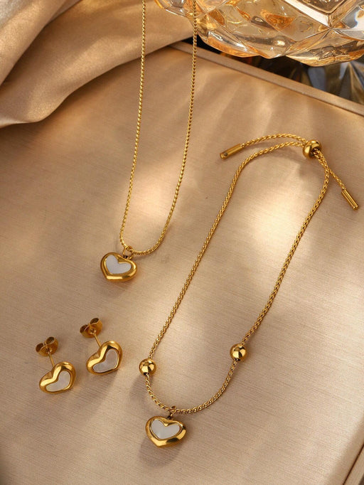 Shein Conjunto de 4 piezas elegante collar, pulsera y pendientes de estilo vintage con colgante de acero inoxidable en forma de corazón - Quierox - Tienda Online