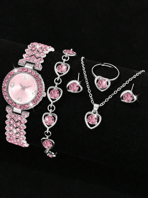 SHEIN Conjunto de 6 piezas de joyería con diseño de diamantes, que incluye reloj, pulsera, collar, anillo y aretes - Quierox - Tienda Online