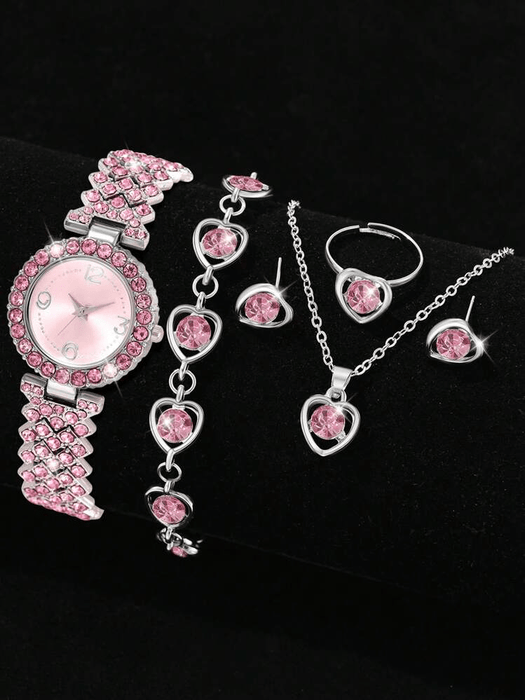 SHEIN Conjunto de 6 piezas de joyería con diseño de diamantes, que incluye reloj, pulsera, collar, anillo y aretes - Quierox - Tienda Online