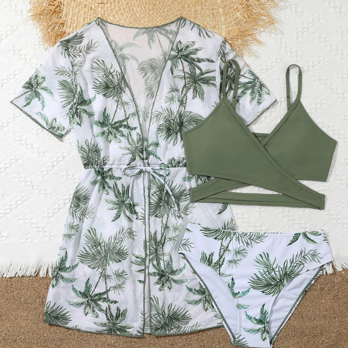 SHEIN Conjunto de bikini con estampado tropical y kimono para