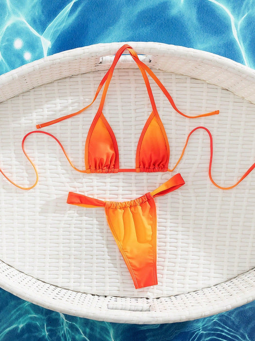 Shein conjunto de bikini sexy con espalda descubierta, estilo halter y cordón, en degradado de puesta de sol - Quierox - Tienda Online