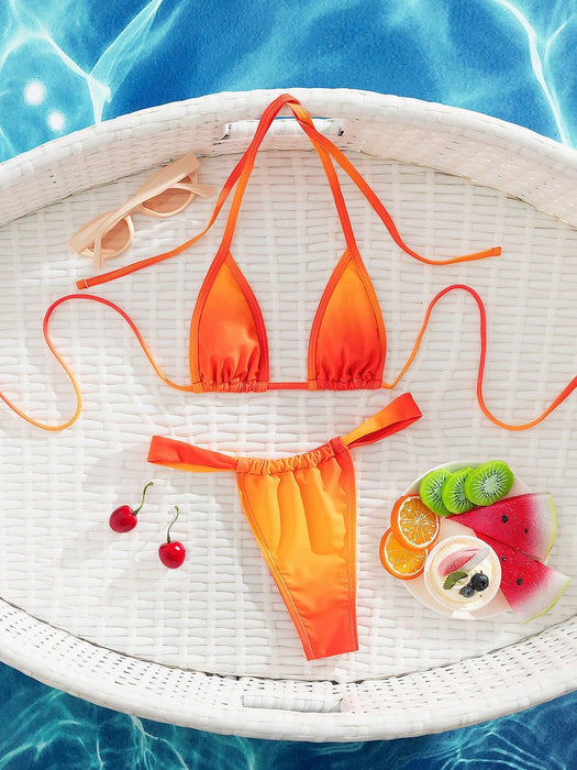 Shein conjunto de bikini sexy con espalda descubierta, estilo halter y cordón, en degradado de puesta de sol - Quierox - Tienda Online