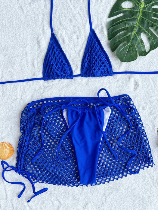 SHEIN Conjunto de bikini triangular con cuello halter y falda de playa de verano SXY - Quierox - Tienda Online