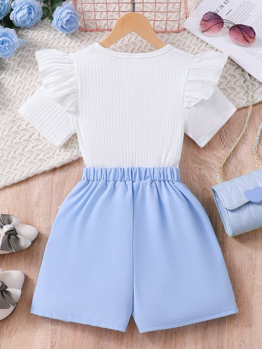 Shein Conjunto de camiseta de manga corta acanalada lisa y falda pantalón con perlas de imitación - Quierox - Tienda Online