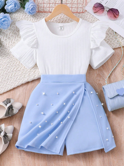 Shein Conjunto de camiseta de manga corta acanalada lisa y falda pantalón con perlas de imitación - Quierox - Tienda Online