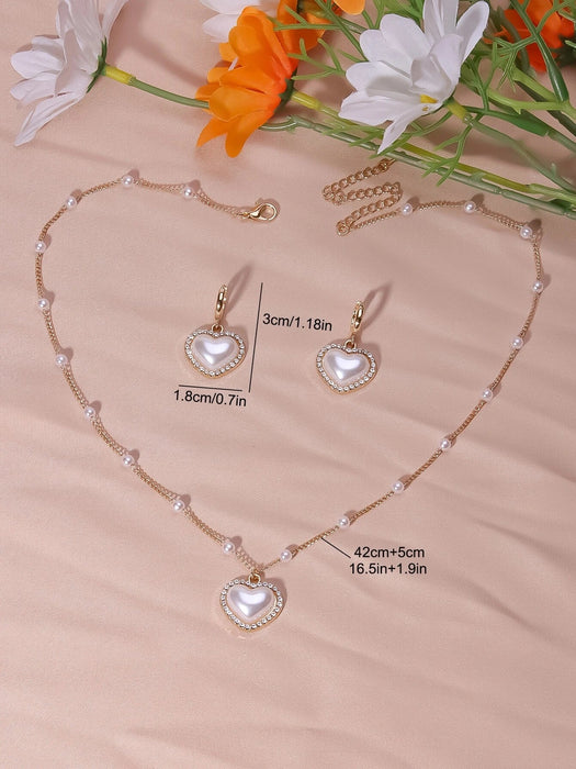Shein Conjunto de joyas de perlas de imitación en forma de corazón con colgante, collar y pendientes - Quierox - Tienda Online