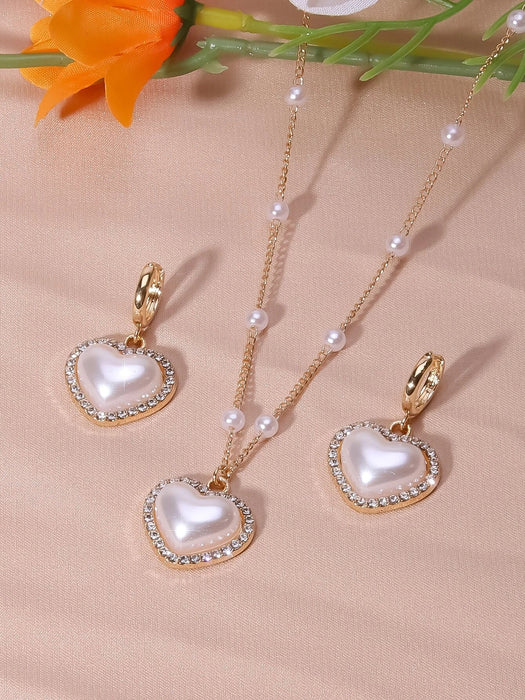 Shein Conjunto de joyas de perlas de imitación en forma de corazón con colgante, collar y pendientes - Quierox - Tienda Online