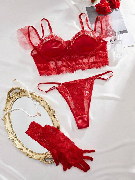 SHEIN Conjunto de lencería con aros y paneles de encaje de pestañas - Quierox - Tienda Online