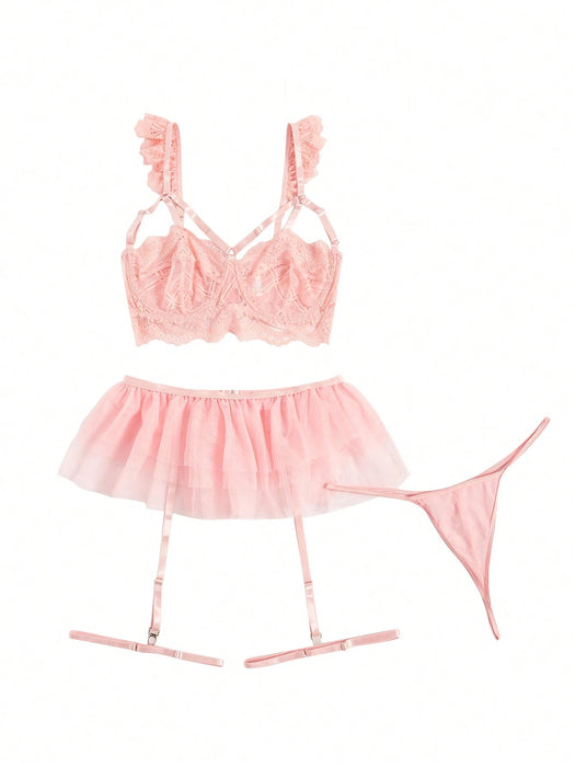 SHEIN Conjunto de lencería con liga y aros de encaje floral - Quierox - Tienda Online