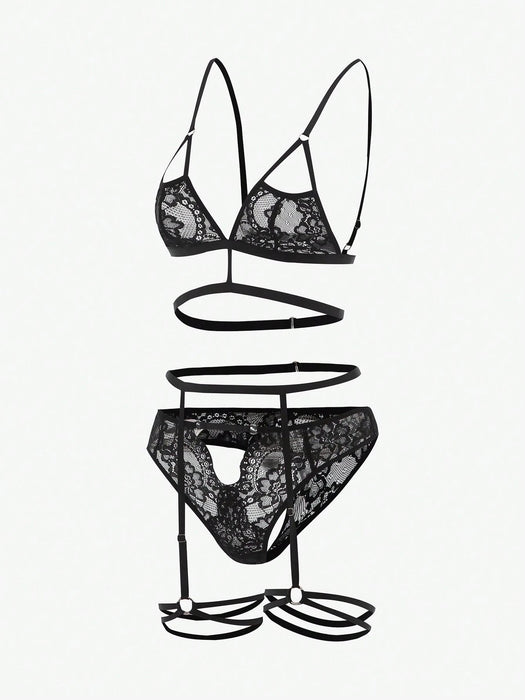 SHEIN Conjunto de lencería con liga y encaje floral recortado - Quierox - Tienda Online