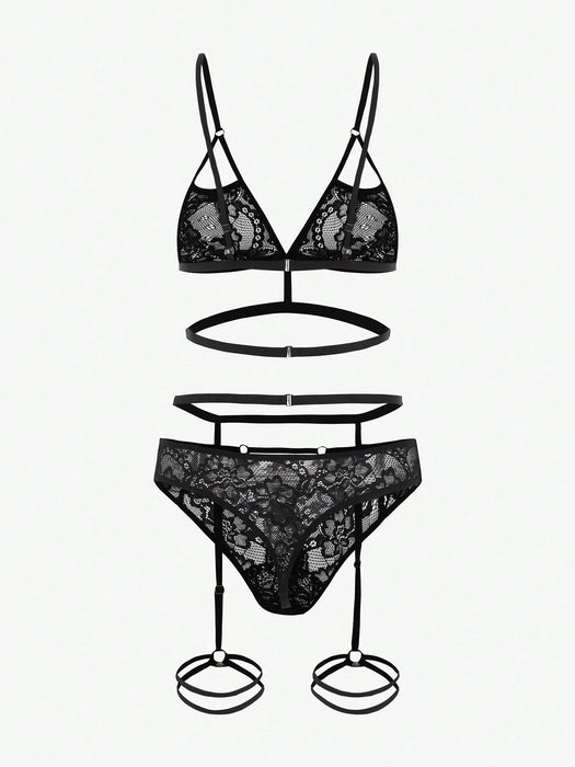 SHEIN Conjunto de lencería con liga y encaje floral recortado - Quierox - Tienda Online