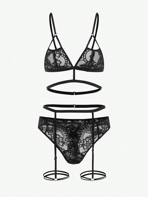 SHEIN Conjunto de lencería con liga y encaje floral recortado - Quierox - Tienda Online