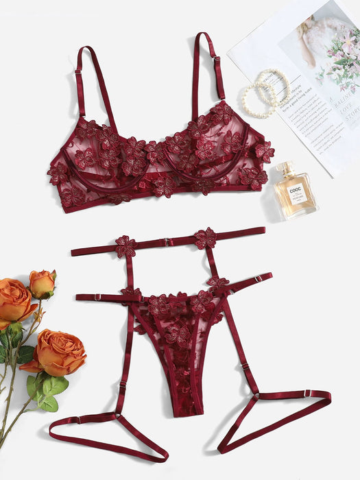 SHEIN Conjunto de lencería con liguero de malla y bordado floral. - Quierox - Tienda Online