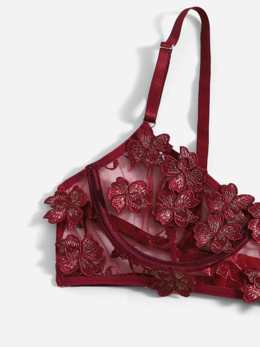 SHEIN Conjunto de lencería con liguero de malla y bordado floral. - Quierox - Tienda Online