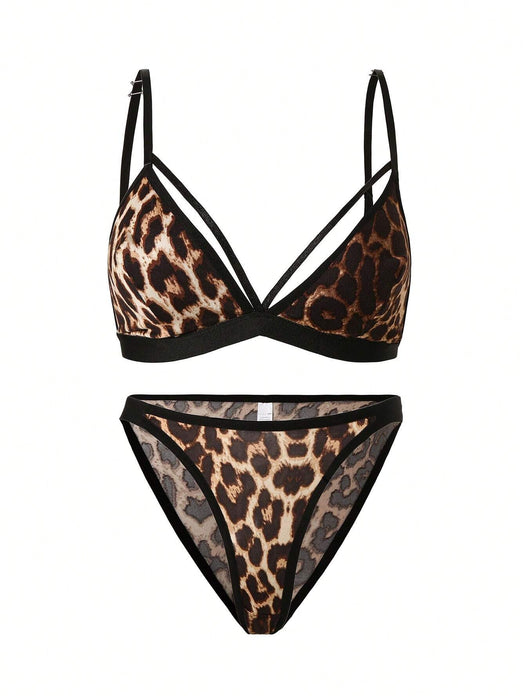 SHEIN Conjunto de lencería con sujetador y braguita tipo arnés con estampado de leopardo - Quierox - Tienda Online