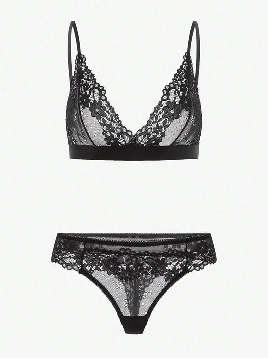 Shein Conjunto de lencería de sujetador y braguita de encaje floral - Quierox - Tienda Online