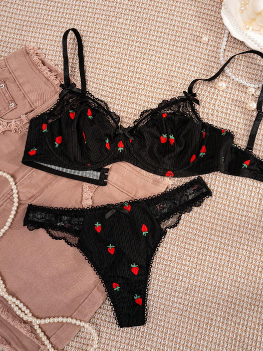 SHEIN Conjunto de lencería para mujer: sujetador negro con estampado de fresas y ribete de encaje - Quierox - Tienda Online