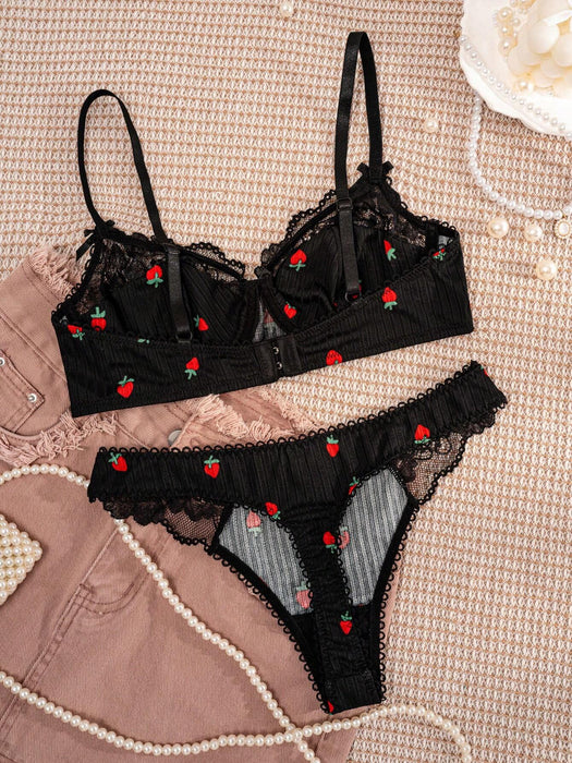 SHEIN Conjunto de lencería para mujer: sujetador negro con estampado de fresas y ribete de encaje - Quierox - Tienda Online