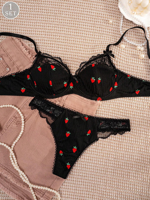 SHEIN Conjunto de lencería para mujer: sujetador negro con estampado de fresas y ribete de encaje - Quierox - Tienda Online