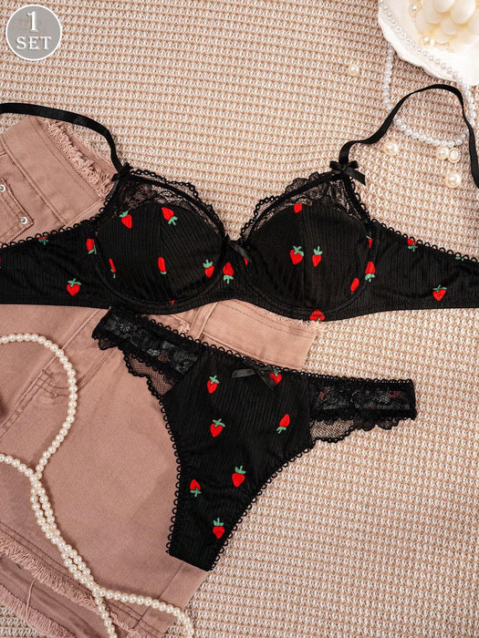 SHEIN Conjunto de lencería para mujer: sujetador negro con estampado de fresas y ribete de encaje - Quierox - Tienda Online