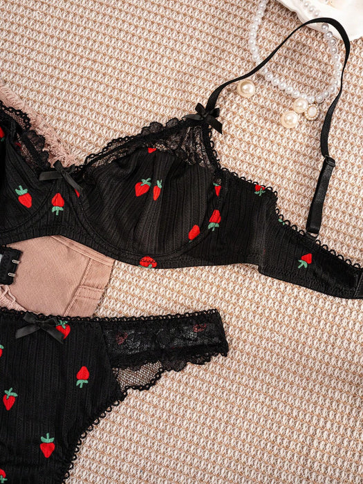 SHEIN Conjunto de lencería para mujer: sujetador negro con estampado de fresas y ribete de encaje - Quierox - Tienda Online
