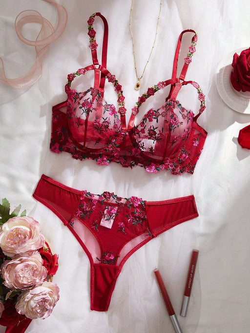 SHEIN Conjunto de lencería sexy para mujer, sujetador y pantie bordado - Quierox - Tienda Online