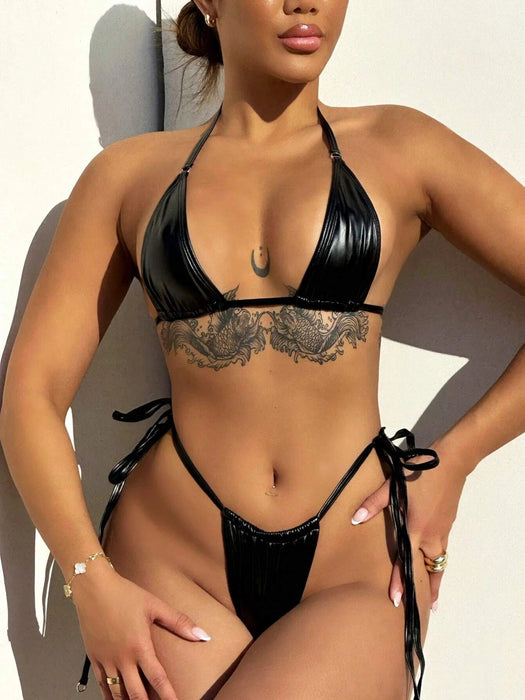 Shein Conjunto de microbikini triangular con cuello halter y lazo - Quierox - Tienda Online