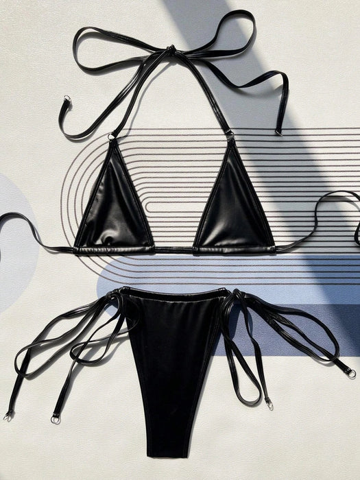 Shein Conjunto de microbikini triangular con cuello halter y lazo - Quierox - Tienda Online