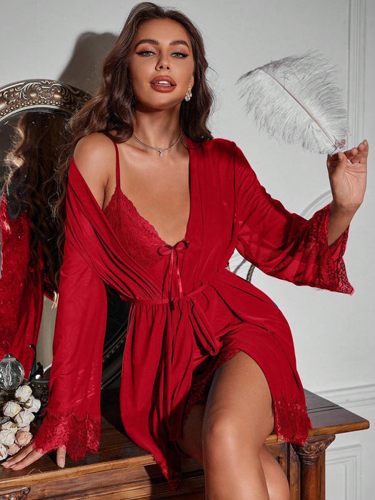 SHEIN Conjunto de pijama de mujer de unicolor y sexy con encaje - Quierox - Tienda Online