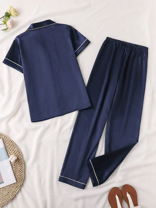 Shein Conjunto de pijama de satén liso, top informal de manga corta con botones y solapa - Quierox - Tienda Online
