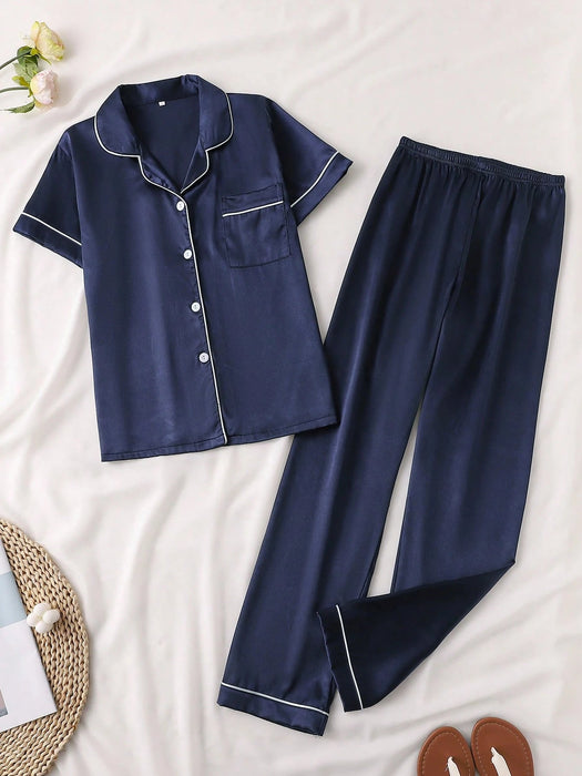 Shein Conjunto de pijama de satén liso, top informal de manga corta con botones y solapa - Quierox - Tienda Online